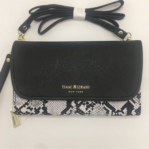 New Isaac Mizrahi Crossbody Wallet Wristlet Black Snake Skin Print